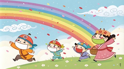 Whimsical Playfulness Cheerful and playful a band of joyful lunar deities descends from a sky filled with rainbow hues confettilike petals. The deities wear vibrant masks and