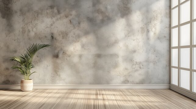 Minimalist Pastel pale light neutral gray empty room interior blank wall background backdrop with plants window light shadows for online presentations webinars and virtual meetings teams video call