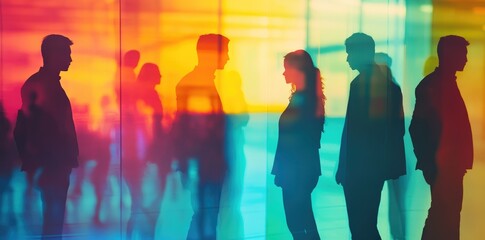 Silhouettes of Business People in Line with Blurred Office Background, Double Exposure Concept for Teamwork and Group Activity