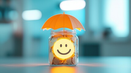 Emergency financial protection savings plan. A cheerful jar with a smiling face and an orange umbrella, symbolizing happiness and protection, set against a bright background.