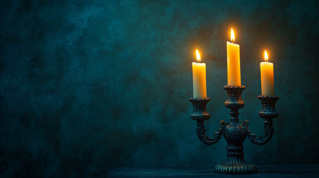 Warm candlelight creates an intimate atmosphere against a textured dark teal wall, perfect for Hanukkah designs, cozy settings, and serene decor.