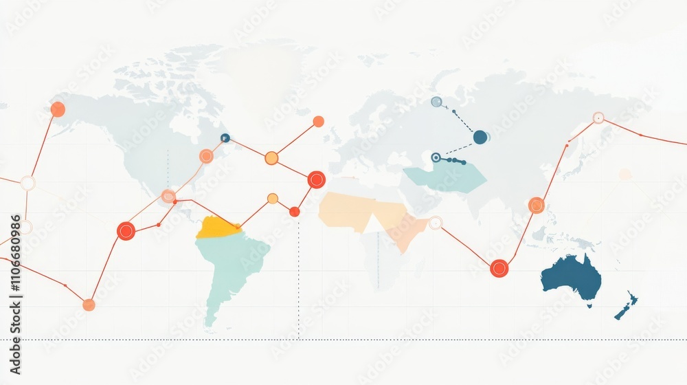 Poster world map with data visualization and trend lines in soft colors