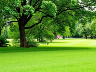 Obraz premium Nature background with an empty white frame in the middle of a lush meadow with green grass, perfect for showcasing your message or design, park, nature