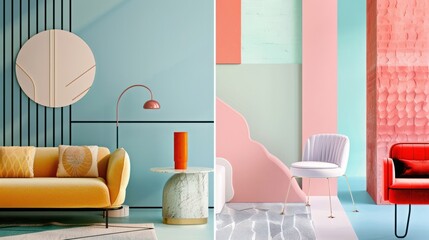 Collage of modern domestic interiors near mint wall