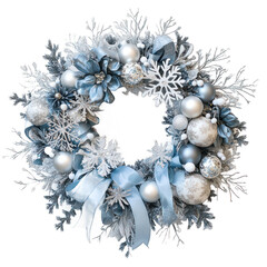 Intricate Wreath Decoration Inspired by Winter Elements with Snowflakes, Blue and White Ornaments, and Elegant Ribbons on a White Background
