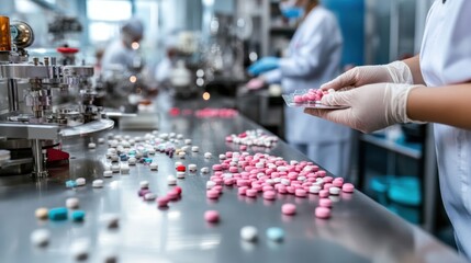 Pharmaceutical production process laboratory scientific research clinical environment close-up quality control