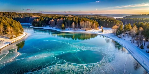 Winter Wonderland Frozen Lake Surrounded by Snow-Covered Trees and a Serene Sunset