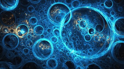 Abstract Blue Fractal Art Featuring Interconnected Circular Forms