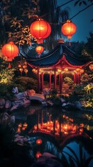 Illuminated Chinese garden pavilion at night with lanterns reflecting in a pond.
