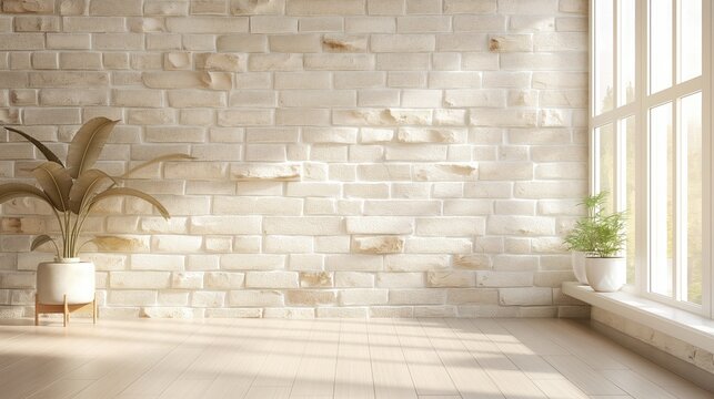 Minimalist Pale brick block stone empty room interior blank wall background backdrop with plants window light shadows online zoom presentations webinars virtual meetings teams video call desktop paper