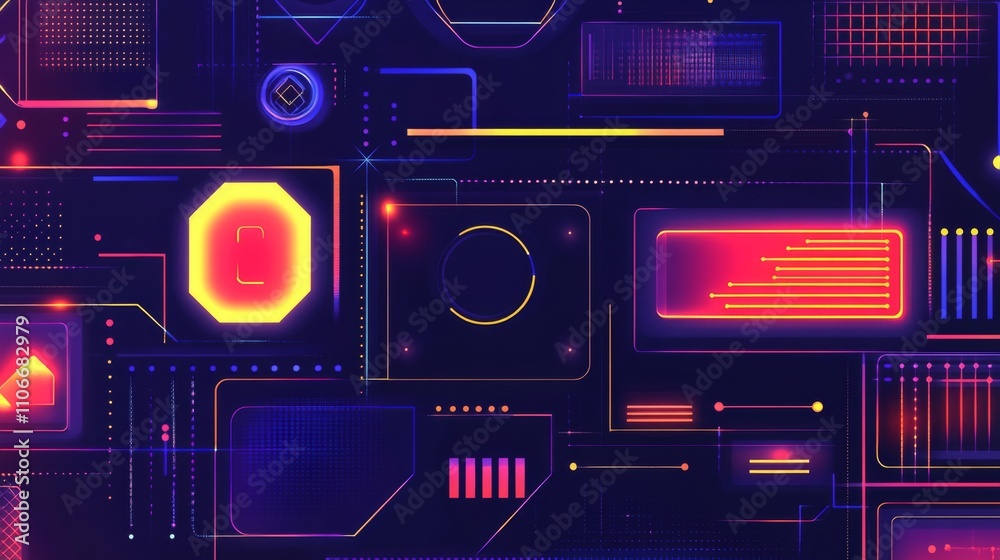Poster vivid abstract digital background with neon geometric shapes
