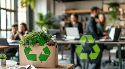 Sustainable workspace promoting team collaboration through eco-friendly office recycling initiatives