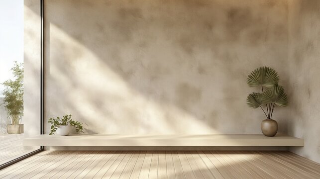 Minimalist Tan light empty room interior blank wall background backdrop with plants bench window light shadows for online presentations webinars and virtual meetings teams video call desktop wallpaper