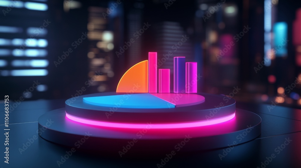 Poster vibrant data visualization with neon colors and circular graph elements