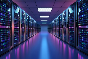 A futuristic data center with rows of colorful server racks illuminated by neon lights, showcasing technology and digital infrastructure.