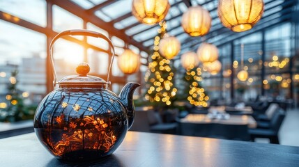 Celebration of the new year with a closeup of a traditional chinese tea set in a festive atmosphere