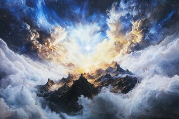 Naklejka premium Celestial birth of jesus cosmic realm artistic representation ethereal environment cosmic perspective universal moment of stars and galaxies