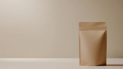 A simple, closed kraft paper bag stands against a soft beige background, emphasizing its minimalistic design.