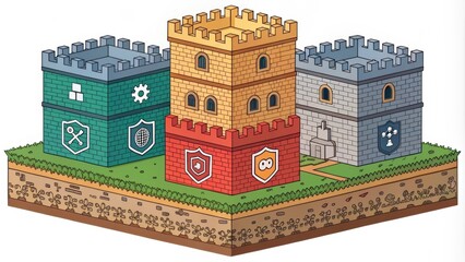A layered fortress depicted in pixels each layer demonstrating a different security measure designed to withstand quantum threats.
