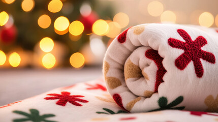 Cozy Christmas blanket with festive patterns, perfect for winter warmth and holiday cheer. Ideal for snuggling by tree