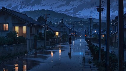 Fototapeta premium Twilight Rain on a Serene Neighborhood Street with Warm Lights and Peaceful Ambiance