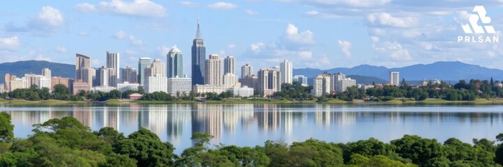 Fototapeta premium Scenic view of Parque das Nacoes Indigenas lake with city buildings in background, Campo Grande, Mato Grosso do Sul, Brazil, Brazil, parque das nacoes indigenas