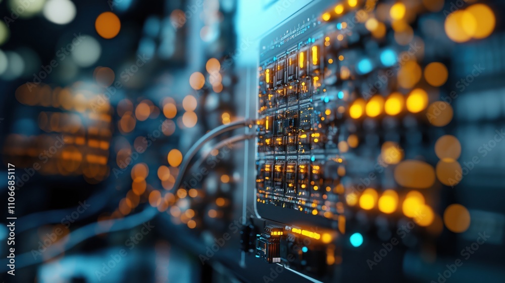 Poster a close-up view of a server or data center, featuring illuminated circuits and cables, emphasizing t