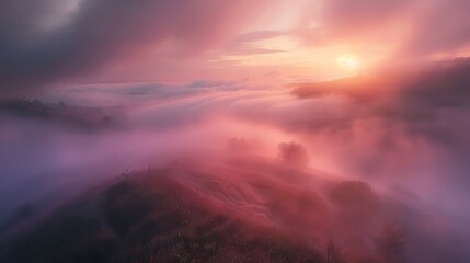 Fototapeta premium Misty sunrise over rolling hills, bathed in soft pink and purple hues a magical and peaceful scene.