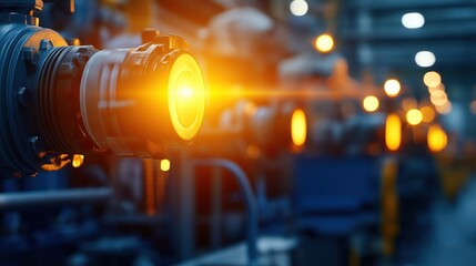 A close-up view of industrial machinery featuring illuminated components, showcasing technological precision and a modern manufacturing environment.