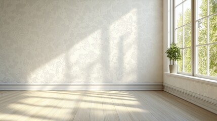 Minimalist white empty room interior blank wall background backdrop with plants window light shadows for online presentations webinars and virtual meetings teams video call desktop wallpaper