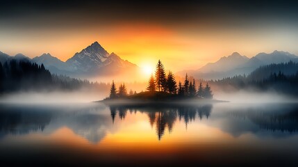 A tranquil mountain lake at dawn with mist rising above the water and a vibrant orange sunrise, surrounded by pine trees and snow-capped peaks, reflecting on the still surface. Ultra-Realistic, 
