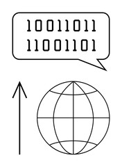 Binary code in speech bubble above upward arrow and globe. Ideal for technology, communication, global reach, coding, internet, progress, and growth themes. Line metaphor