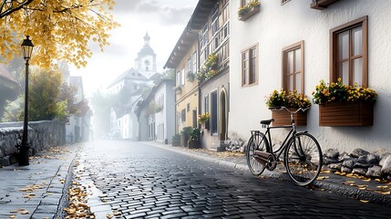 Fototapeta premium A vintage bicycle on a narrow European alley, with ivy growing along the walls and colorful flowers spilling from window boxes under the warm summer light. Ultra-Realistic, Photo Realistic, 