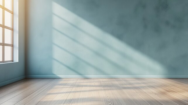 Minimalist Pastel pale light blue empty room interior blank wall background backdrop with window light shadows online presentations webinars virtual meetings teams video call desktop wallpaper