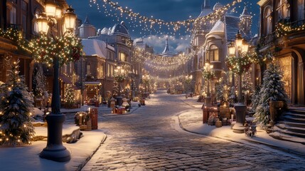 Obraz premium Winter Wonderland Street Decorated for Holiday Celebration Night