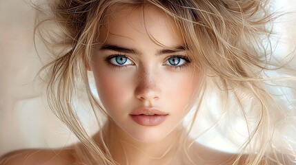 Naklejka premium A cheerful blonde woman with vibrant blue eyes and bouncy curls, captured in a close-up portrait under soft natural lighting. Her flawless skin and sparkling eyes exude charm, set against a 