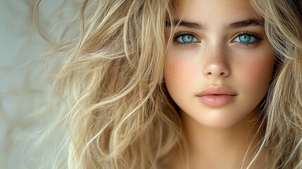 Naklejka premium A cheerful blonde woman with vibrant blue eyes and bouncy curls, captured in a close-up portrait under soft natural lighting. Her flawless skin and sparkling eyes exude charm, set against a 