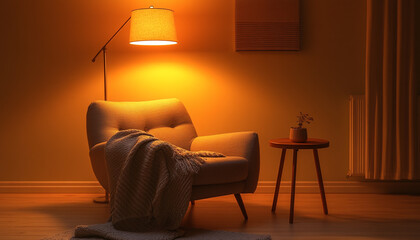 Cozy reading nook with a comfy armchair, floor lamp, and a small wooden side table. The space is warm with soft textiles and ambient lighting