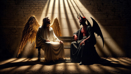 The image depicts a humorous scene where angel is sitting on a bench with Satan, talk & laugh together in dramatic lighting