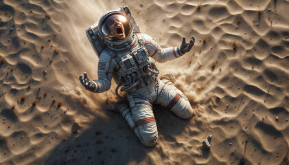 an astronaut wearing spacesuit down on his knees and screaming hysterically on desert sand dune surfaces