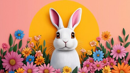 A whimsical and cheerful image of a white rabbit positioned amidst a colorful array of flowers.