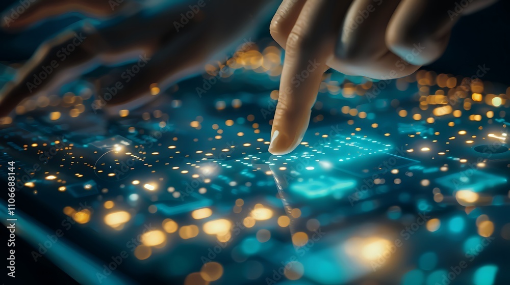 Poster close-up of hands using a futuristic digital interface. glowing lights and abstract patterns. repres