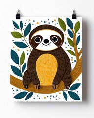 A cheerful illustration of a sloth sitting on a branch, surrounded by foliage.
