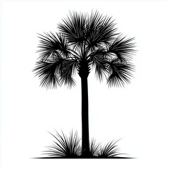 A black and white vector silhouette of a palmetto tree against a white background - palm tree, silhouette, black and white, tropical, nature, foliage, plant, exotic, leaf, summer, art
