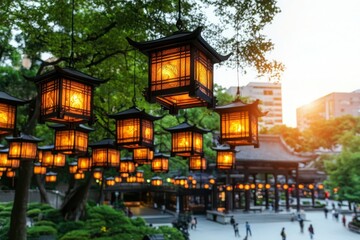 Delicate golden dragon lanterns traditional festival outdoor market softfocus background serene atmosphere cultural celebration