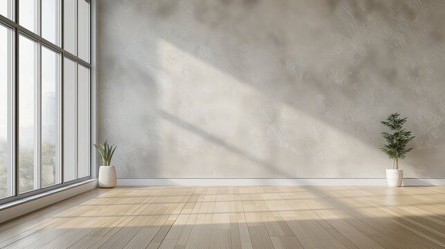 Minimalist light gray white empty room interior blank wall background or backdrop with plants window light shadow for online presentations webinars virtual meetings teams video call desktop wallpaper