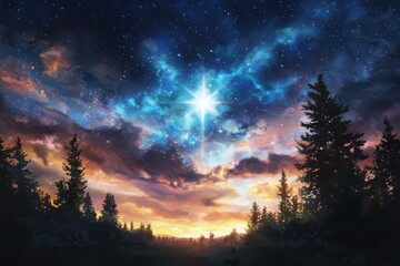 Obraz premium Witness the star of bethlehem illuminate the night sky over a serene landscape watercolor artwork capturing celestial magic