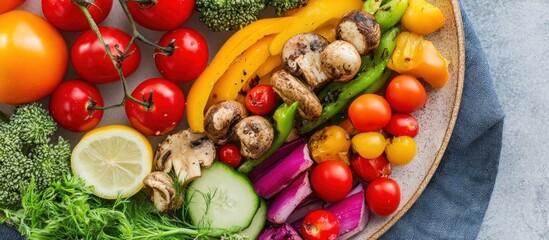 Plate of colorful vegetable satay skewers with cherry tomatoes, peppers, and mushrooms, healthy food concept, 