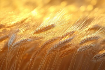 sunlit close-up of golden wheat heads swaying gently in the breeze, showcasing intricate textures and natural lighting that highlights the beauty of the harvest season