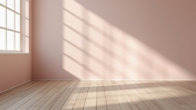 Minimalist Pastel pale pink empty room interior blank wall background or backdrop with window light shadow for online presentations webinars virtual meetings teams video call. Desktop wallpaper 